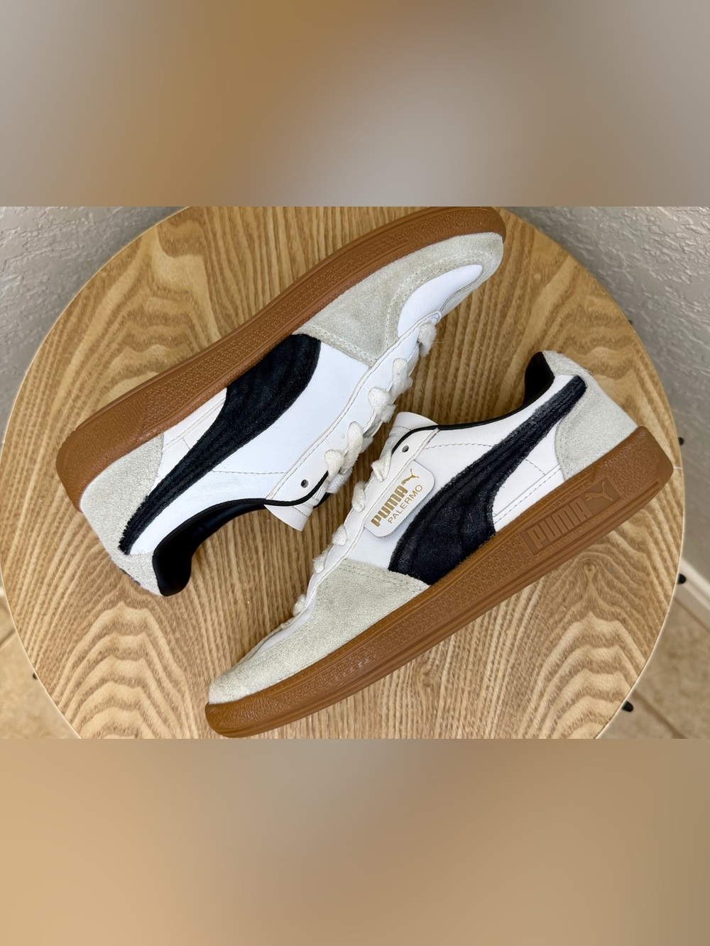 Puma Palermo Leather Sneakers White Black Gum Sole Youth 4. Womens 5.5